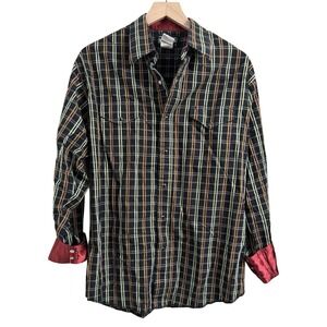 Wrangler Men's Large Western Style Black Plaid Pearl Snap Satin Cuffs Button Up